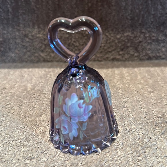 Fenton Art Glass Hand Painted Roses On Purple Heart Bell Signed